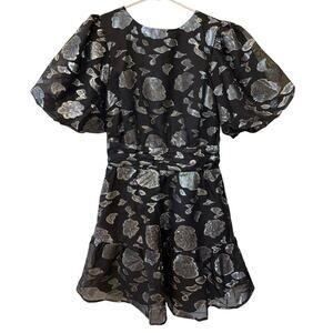 Aura Puff Sleeve Black Silver Fancy Dress Women's Small Glam Shiny Floral Fairy